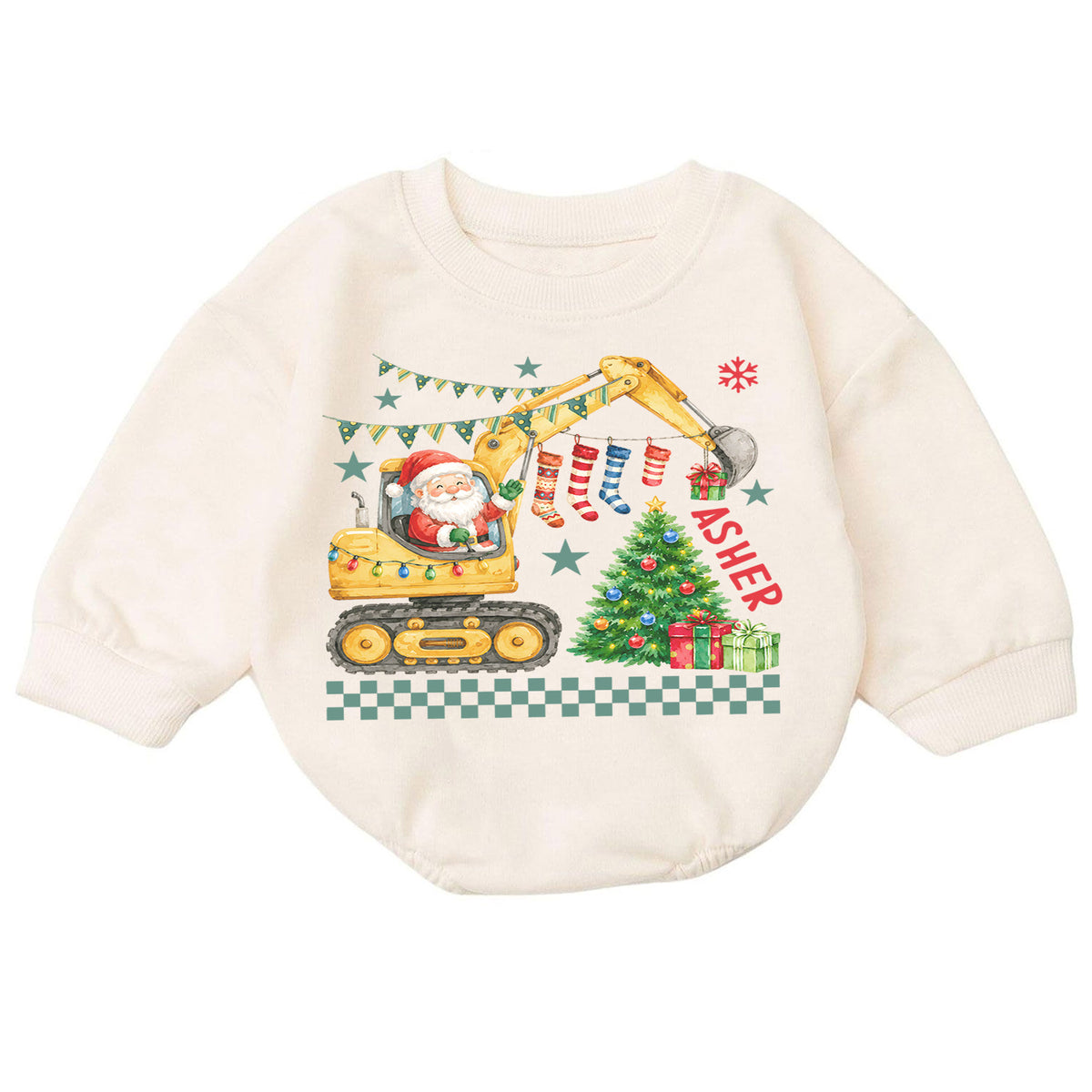 Personalized Construction Christmas Baby Romper, Custom Name Excavator Santa Outfit, 1st Christmas Gift for Baby Boys & Baby — product view 7