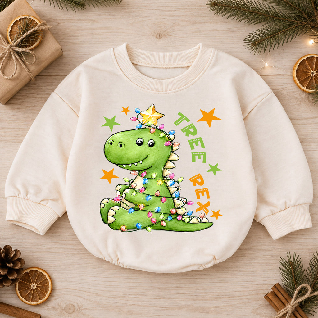 Tree Rex Christmas Romper for Baby, Dinosaur Christmas Toddler Romper, T Rex Holiday Romper, Cute Dino Christmas Outfit — product view 1