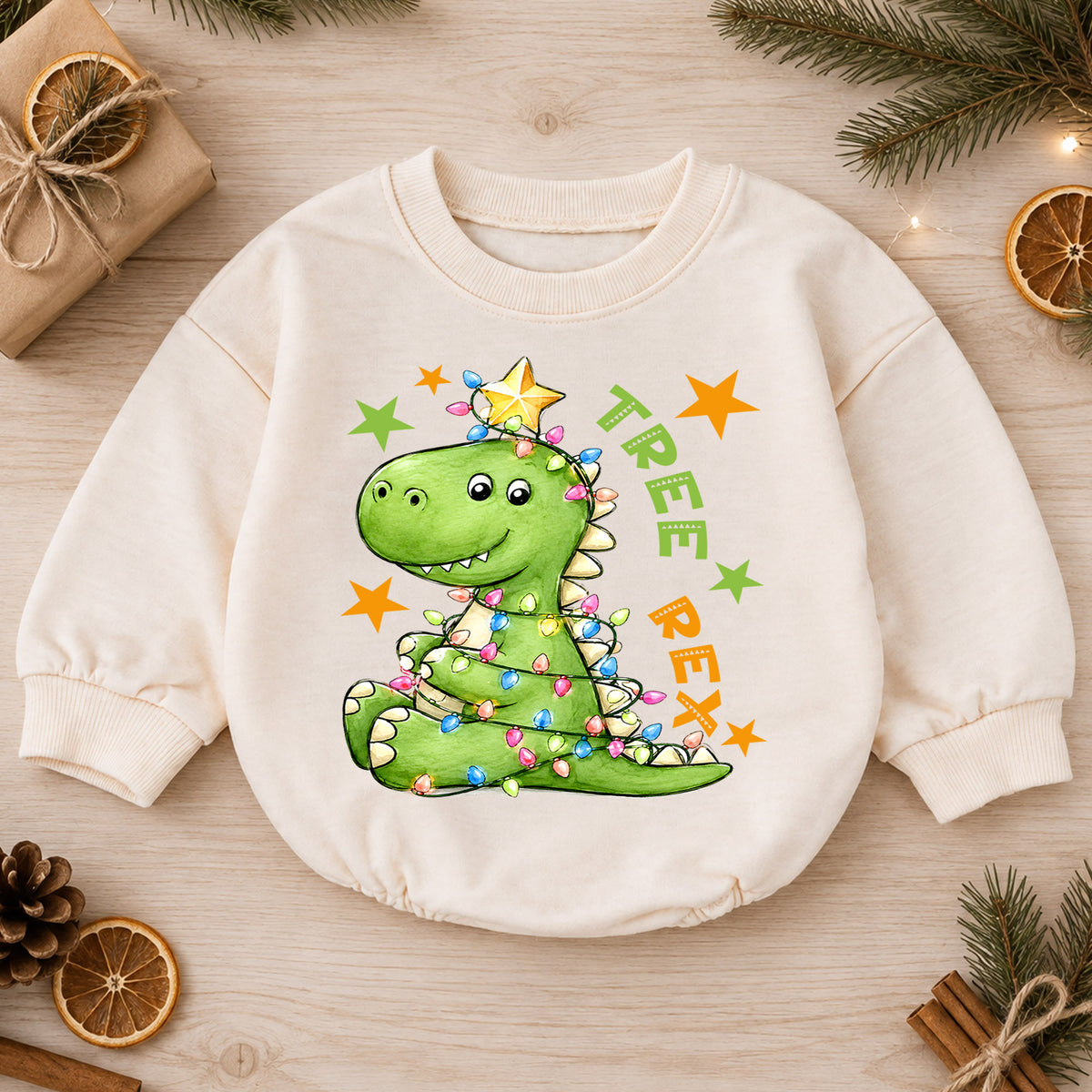 Tree Rex Christmas Romper for Baby, Dinosaur Christmas Toddler Romper, T Rex Holiday Romper, Cute Dino Christmas Outfit — product view 1