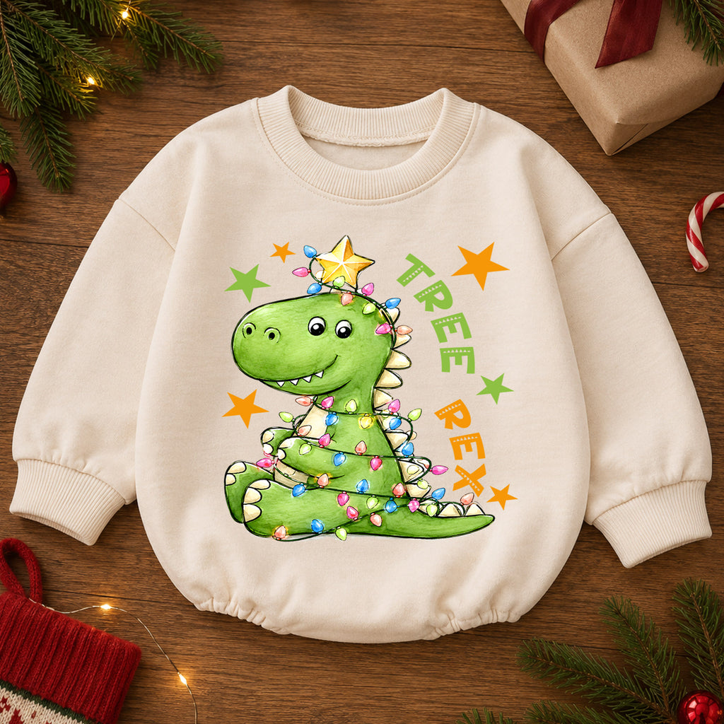 Tree Rex Christmas Romper for Baby, Dinosaur Christmas Toddler Romper, T Rex Holiday Romper, Cute Dino Christmas Outfit — product view 2