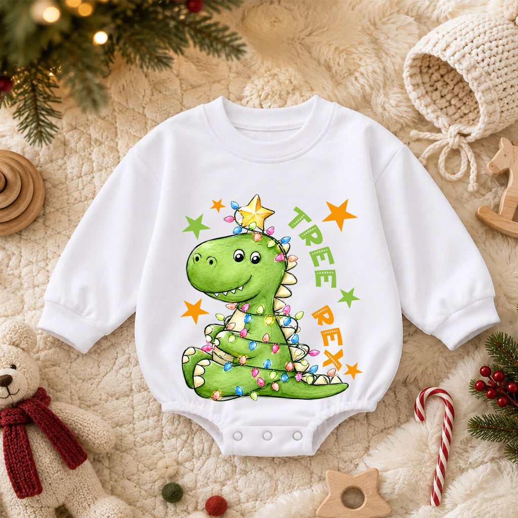 Tree Rex Christmas Romper for Baby, Dinosaur Christmas Toddler Romper, T Rex Holiday Romper, Cute Dino Christmas Outfit — product view 3