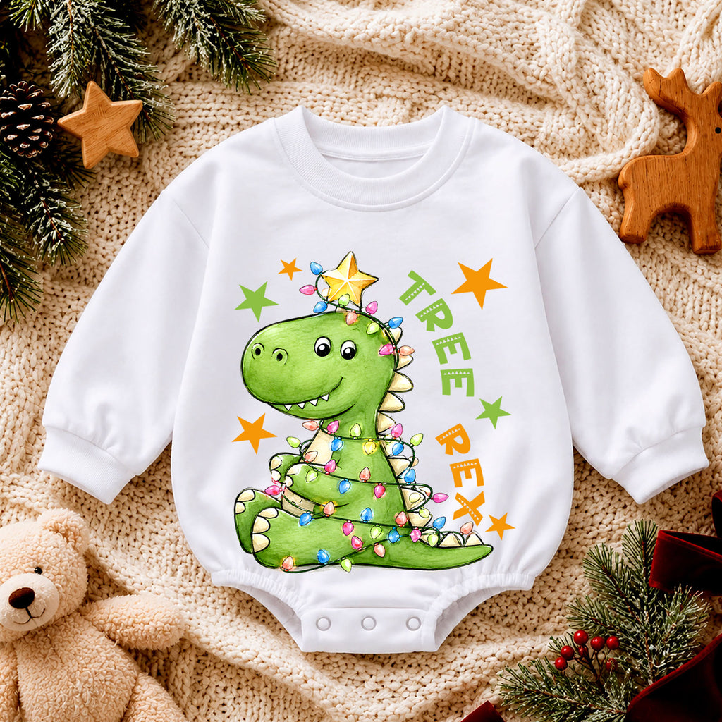 Tree Rex Christmas Romper for Baby, Dinosaur Christmas Toddler Romper, T Rex Holiday Romper, Cute Dino Christmas Outfit — product view 4