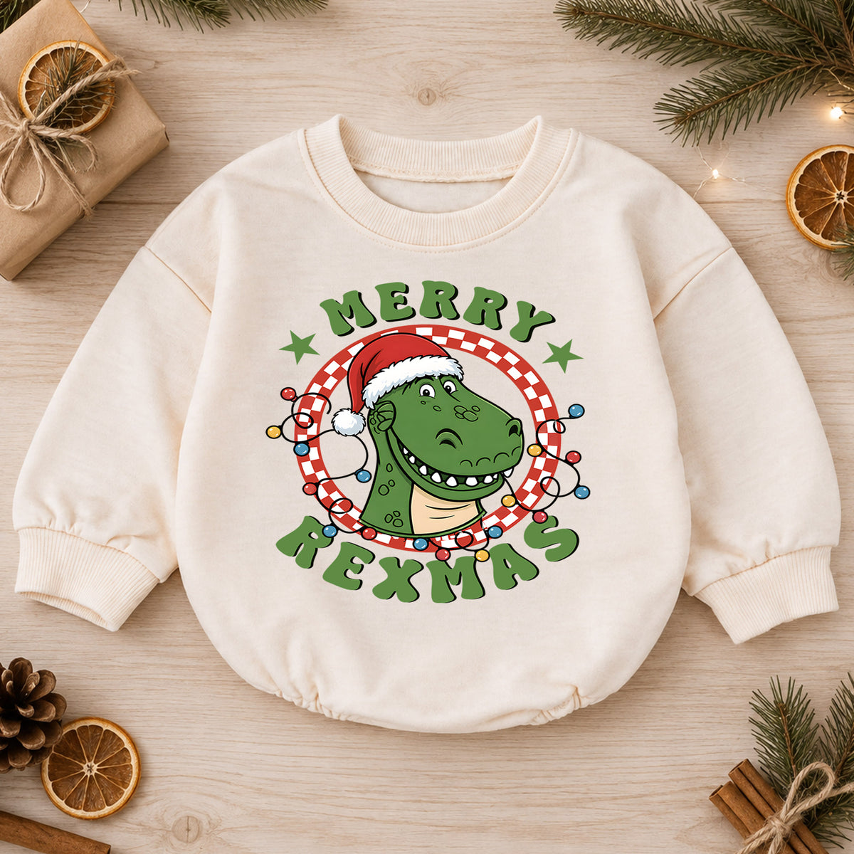Dinosaur Christmas Baby Romper, Merry Rexmas T Rex Holiday Outfit, Funny Dino Romper, Cute Toddler 1st Christmas Gift Set — product view 1