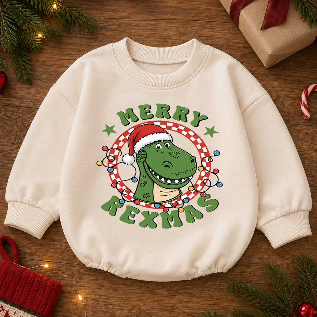 Dinosaur Christmas Baby Romper, Merry Rexmas T Rex Holiday Outfit, Funny Dino Romper, Cute Toddler 1st Christmas Gift Set — product view 2