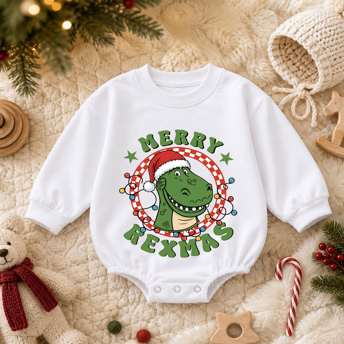 Dinosaur Christmas Baby Romper, Merry Rexmas T Rex Holiday Outfit, Funny Dino Romper, Cute Toddler 1st Christmas Gift Set — product view 3