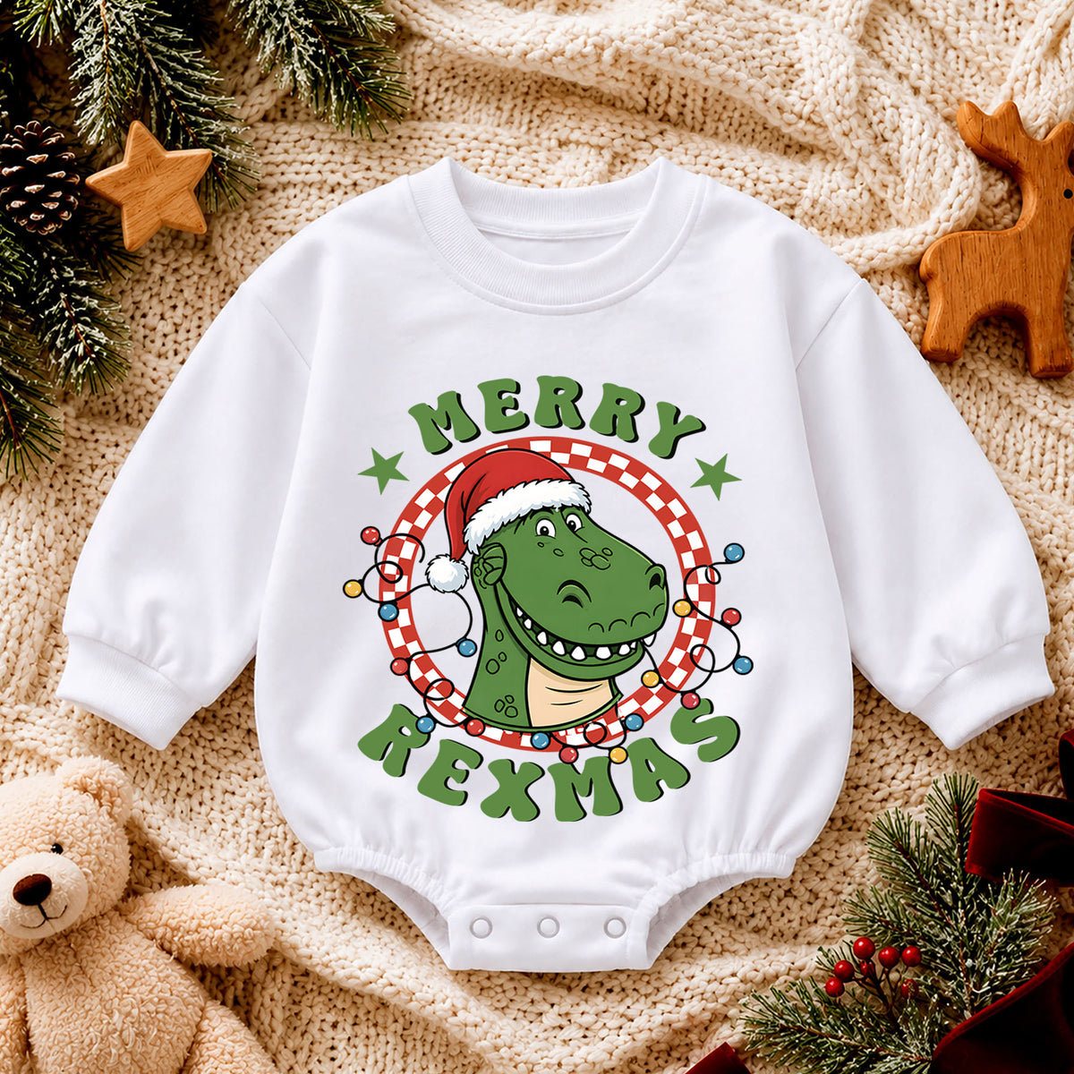 Dinosaur Christmas Baby Romper, Merry Rexmas T Rex Holiday Outfit, Funny Dino Romper, Cute Toddler 1st Christmas Gift Set — product view 4