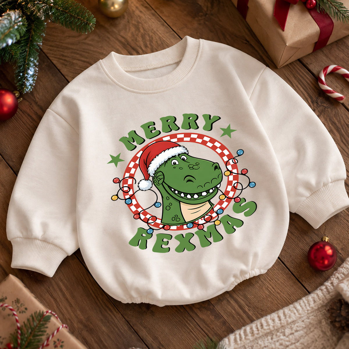 Dinosaur Christmas Baby Romper, Merry Rexmas T Rex Holiday Outfit, Funny Dino Romper, Cute Toddler 1st Christmas Gift Set — product view 5