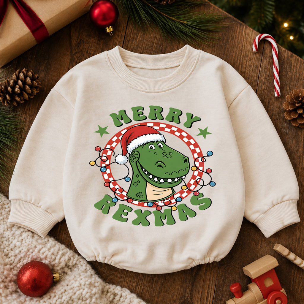 Dinosaur Christmas Baby Romper, Merry Rexmas T Rex Holiday Outfit, Funny Dino Romper, Cute Toddler 1st Christmas Gift Set — product view 6