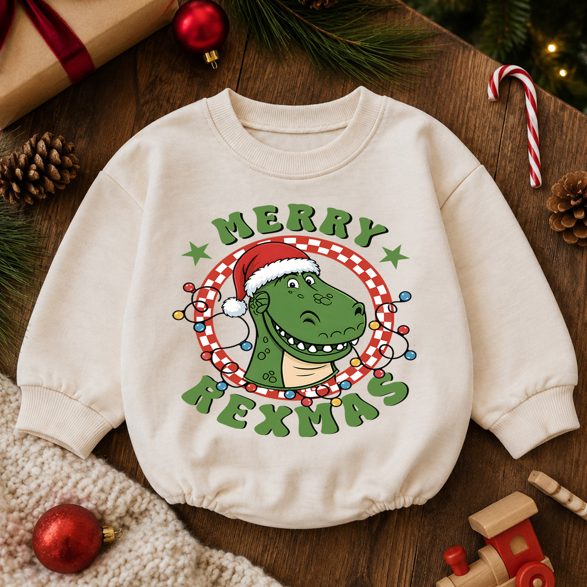 Dinosaur Christmas Baby Romper, Merry Rexmas T Rex Holiday Outfit, Funny Dino Romper, Cute Toddler 1st Christmas Gift Set — product view 6