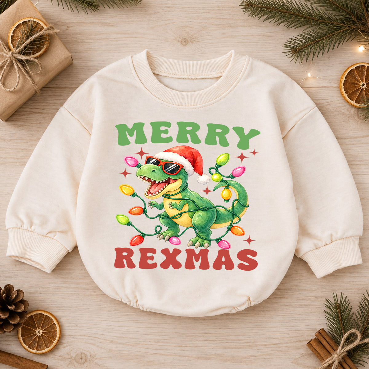 Merry Rexmas Christmas Baby Romper, Funny Dinosaur Santa Holiday Outfit, Toddler Xmas Romper, Cute 1st Christmas Gift for Baby — product view 1