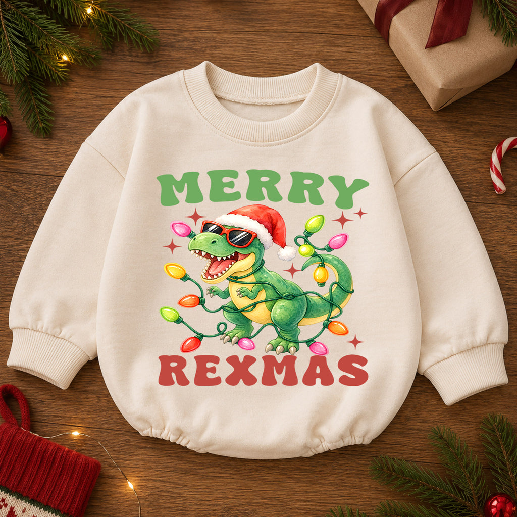 Merry Rexmas Christmas Baby Romper, Funny Dinosaur Santa Holiday Outfit, Toddler Xmas Romper, Cute 1st Christmas Gift for Baby — product view 2
