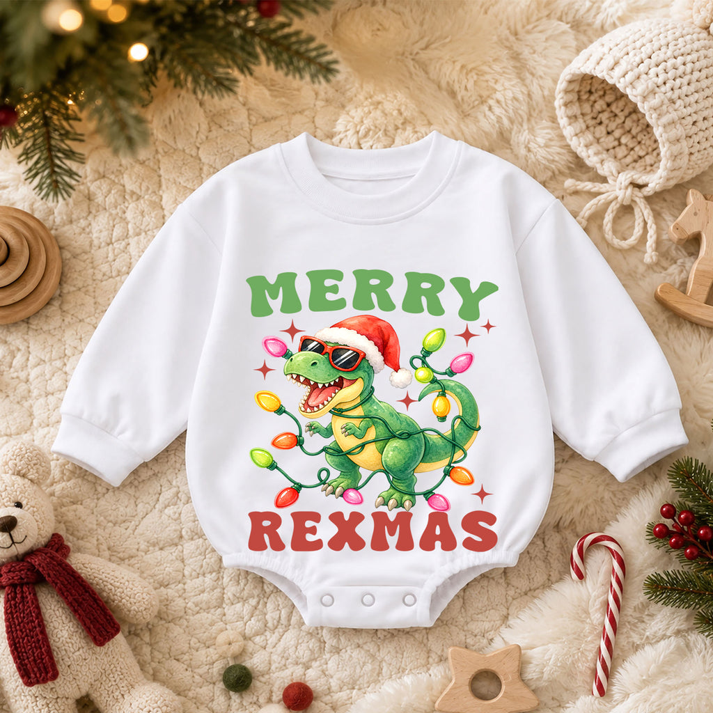 Merry Rexmas Christmas Baby Romper, Funny Dinosaur Santa Holiday Outfit, Toddler Xmas Romper, Cute 1st Christmas Gift for Baby — product view 3