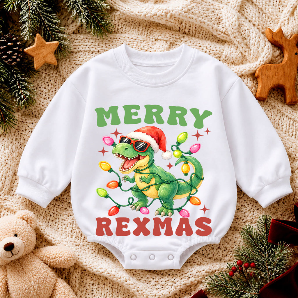 Merry Rexmas Christmas Baby Romper, Funny Dinosaur Santa Holiday Outfit, Toddler Xmas Romper, Cute 1st Christmas Gift for Baby — product view 4