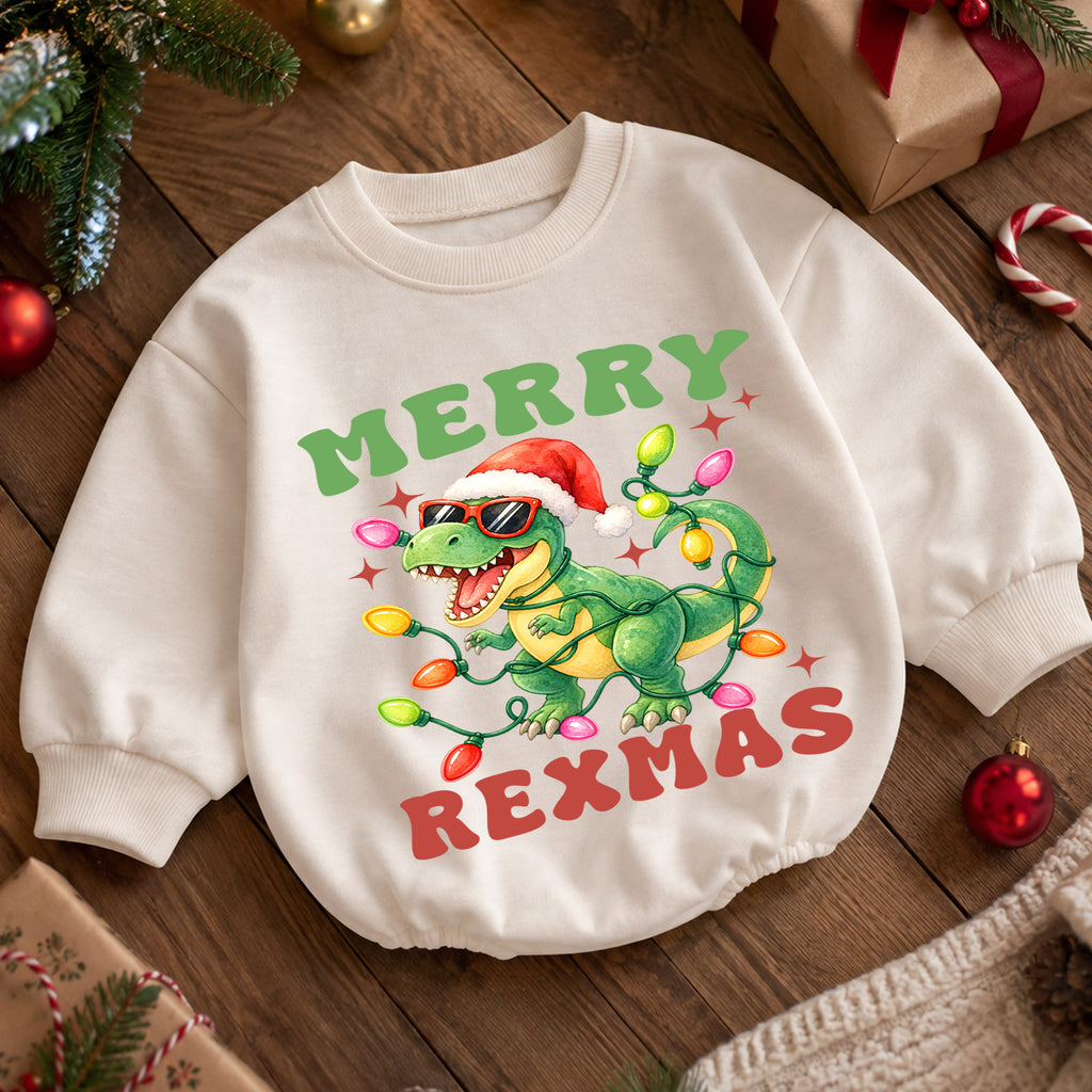Merry Rexmas Christmas Baby Romper, Funny Dinosaur Santa Holiday Outfit, Toddler Xmas Romper, Cute 1st Christmas Gift for Baby — product view 5