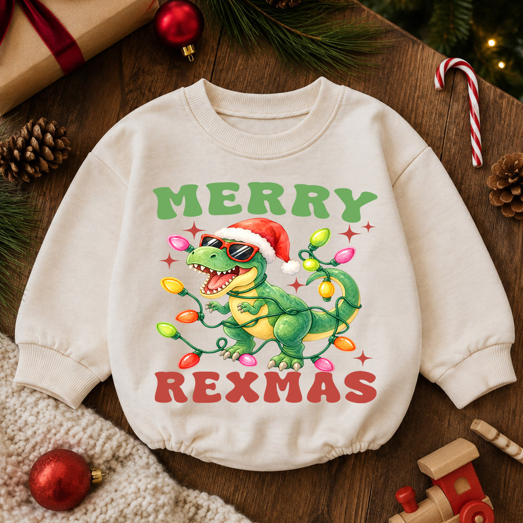 Merry Rexmas Christmas Baby Romper, Funny Dinosaur Santa Holiday Outfit, Toddler Xmas Romper, Cute 1st Christmas Gift for Baby — product view 6