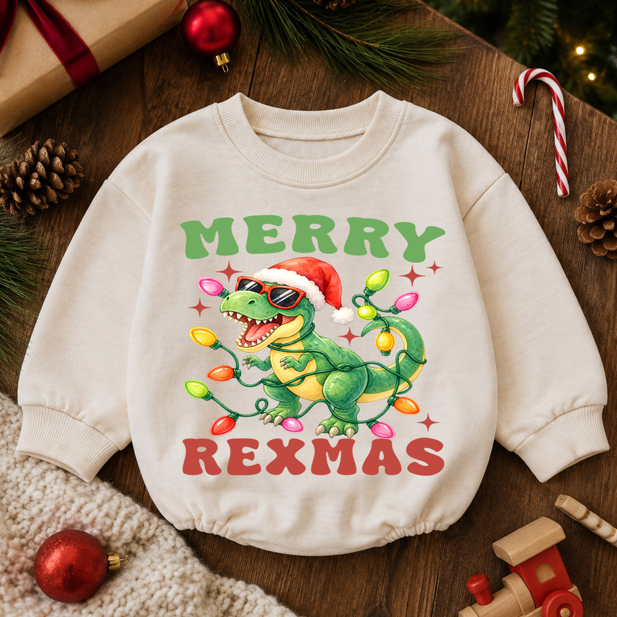 Merry Rexmas Christmas Baby Romper, Funny Dinosaur Santa Holiday Outfit, Toddler Xmas Romper, Cute 1st Christmas Gift for Baby — product view 6