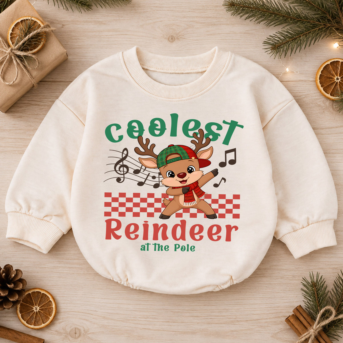 Coolest Reindeer Christmas Romper, Cute Reindeer Toddler Romper, Baby North Pole Christmas Romper, Holiday Baby Outfit — product view 1