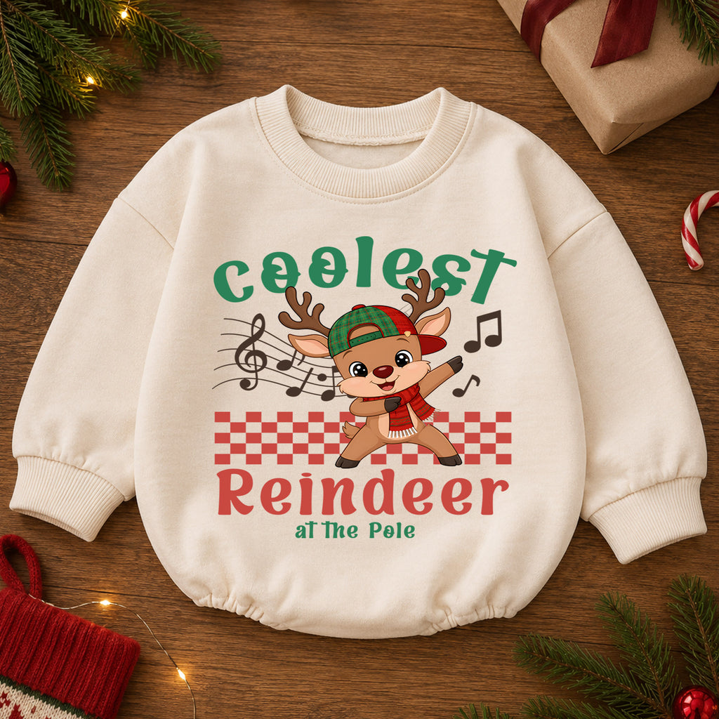Coolest Reindeer Christmas Romper, Cute Reindeer Toddler Romper, Baby North Pole Christmas Romper, Holiday Baby Outfit — product view 2