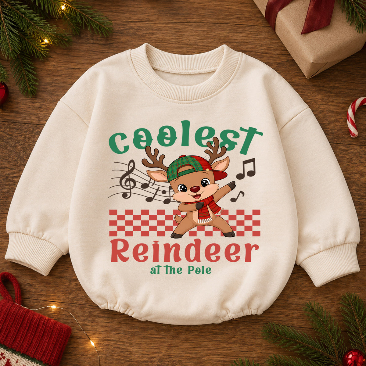 Coolest Reindeer Christmas Romper, Cute Reindeer Toddler Romper, Baby North Pole Christmas Romper, Holiday Baby Outfit — product view 2