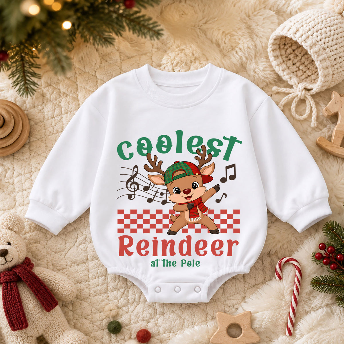 Coolest Reindeer Christmas Romper, Cute Reindeer Toddler Romper, Baby North Pole Christmas Romper, Holiday Baby Outfit — product view 3
