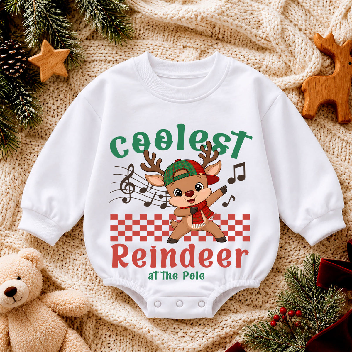 Coolest Reindeer Christmas Romper, Cute Reindeer Toddler Romper, Baby North Pole Christmas Romper, Holiday Baby Outfit — product view 4