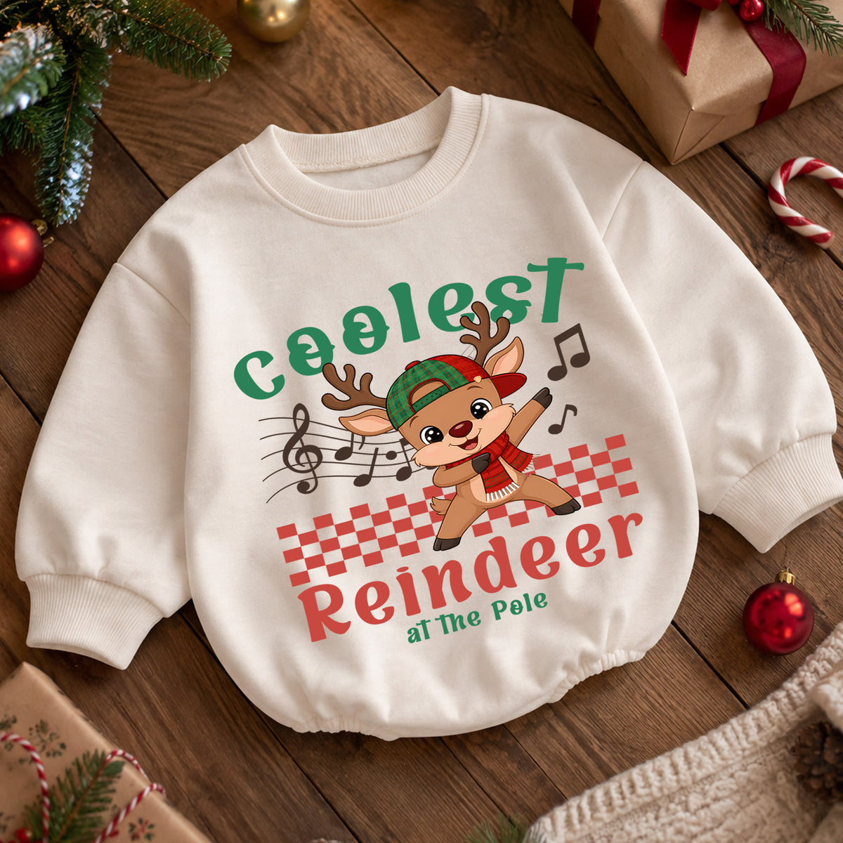 Coolest Reindeer Christmas Romper, Cute Reindeer Toddler Romper, Baby North Pole Christmas Romper, Holiday Baby Outfit — product view 5