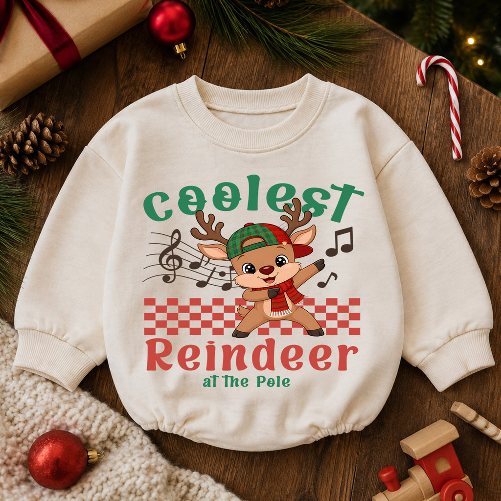 Coolest Reindeer Christmas Romper, Cute Reindeer Toddler Romper, Baby North Pole Christmas Romper, Holiday Baby Outfit — product view 6