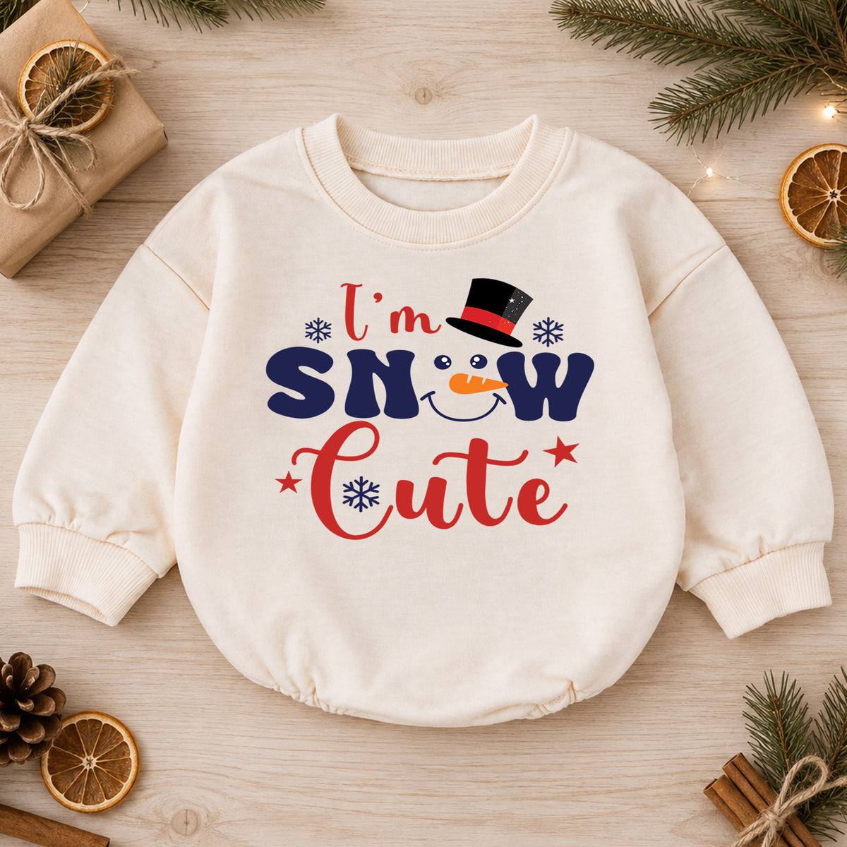 I'm Snow Cute Baby Romper, Funny Snowman Christmas Romper, Winter Holiday Outfit for Baby, Cute Christmas Gift — product view 1