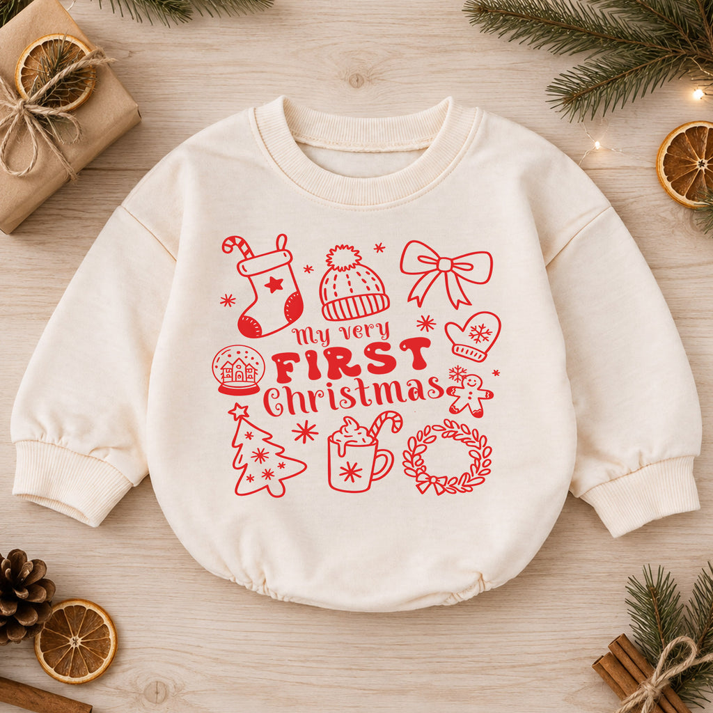 My Very First Christmas Baby Romper, Minimal Red Holiday Icon Romper, Baby First Xmas Keepsake Outfit, Christmas Gift — product view 1
