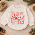 My Very First Christmas Baby Romper, Minimal Red Holiday Icon Romper, Baby First Xmas Keepsake Outfit, Christmas Gift — product view 1