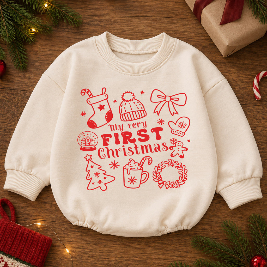 My Very First Christmas Baby Romper, Minimal Red Holiday Icon Romper, Baby First Xmas Keepsake Outfit, Christmas Gift — product view 2