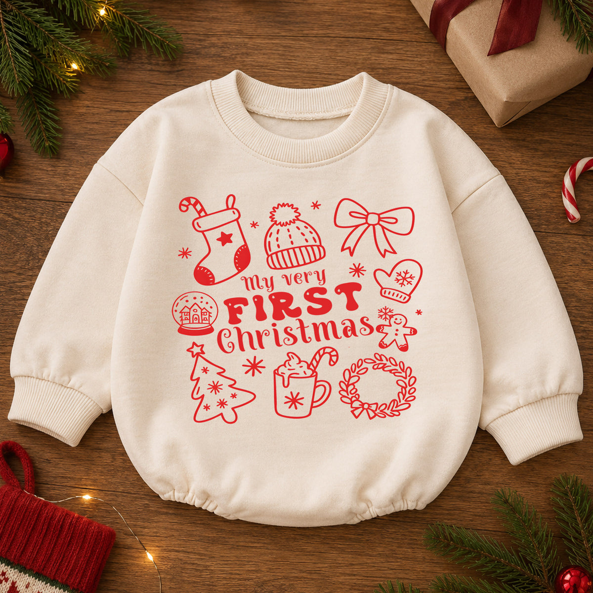 My Very First Christmas Baby Romper, Minimal Red Holiday Icon Romper, Baby First Xmas Keepsake Outfit, Christmas Gift — product view 2