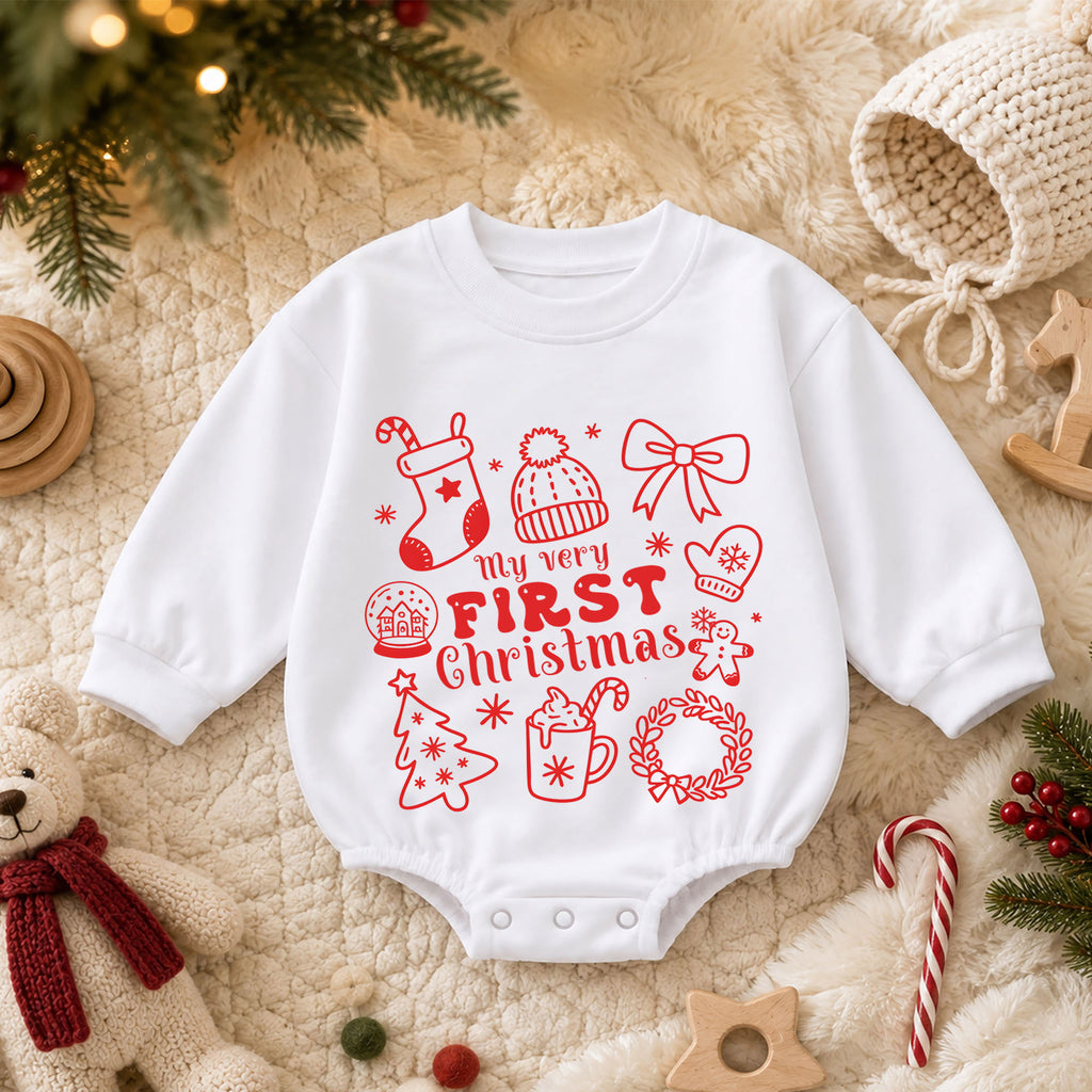 My Very First Christmas Baby Romper, Minimal Red Holiday Icon Romper, Baby First Xmas Keepsake Outfit, Christmas Gift — product view 3