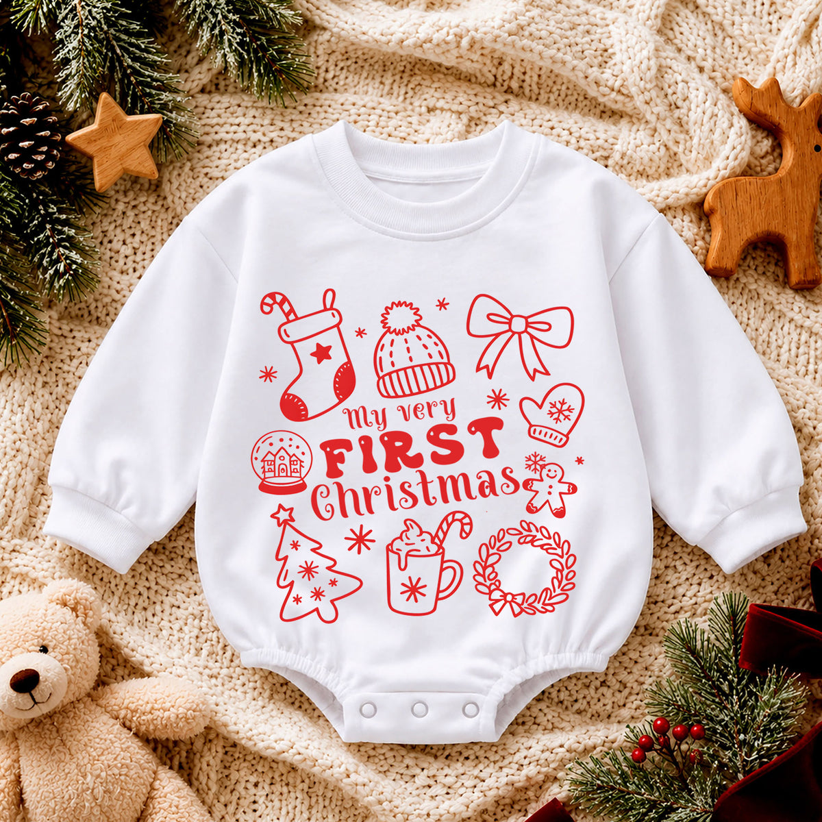 My Very First Christmas Baby Romper, Minimal Red Holiday Icon Romper, Baby First Xmas Keepsake Outfit, Christmas Gift — product view 4