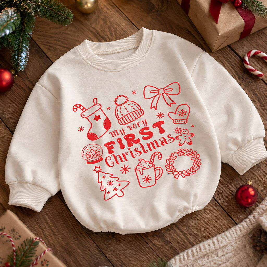 My Very First Christmas Baby Romper, Minimal Red Holiday Icon Romper, Baby First Xmas Keepsake Outfit, Christmas Gift — product view 5