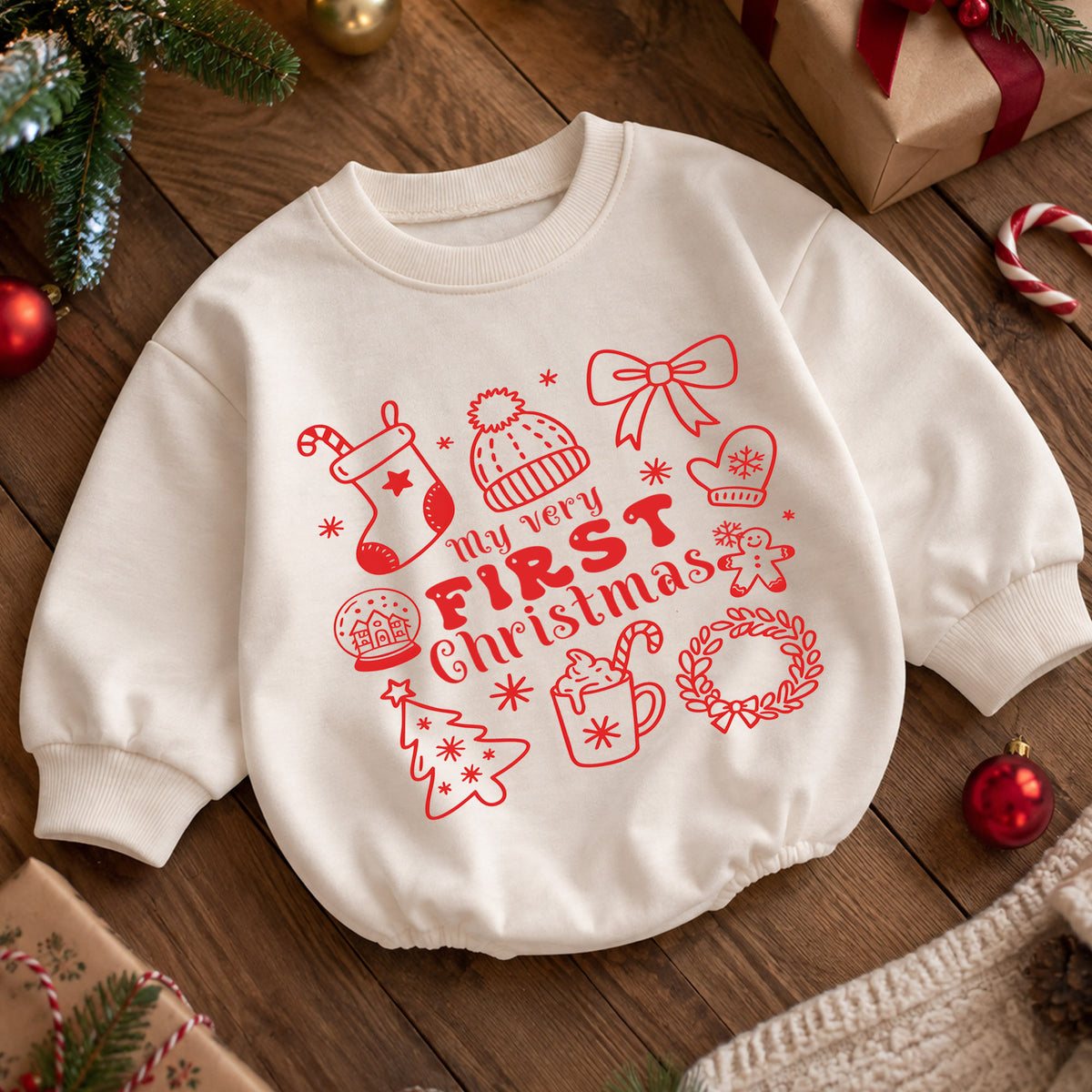 My Very First Christmas Baby Romper, Minimal Red Holiday Icon Romper, Baby First Xmas Keepsake Outfit, Christmas Gift — product view 5