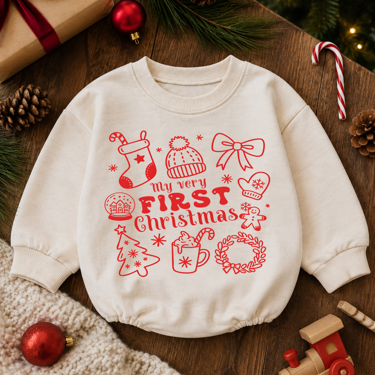 My Very First Christmas Baby Romper, Minimal Red Holiday Icon Romper, Baby First Xmas Keepsake Outfit, Christmas Gift — product view 6