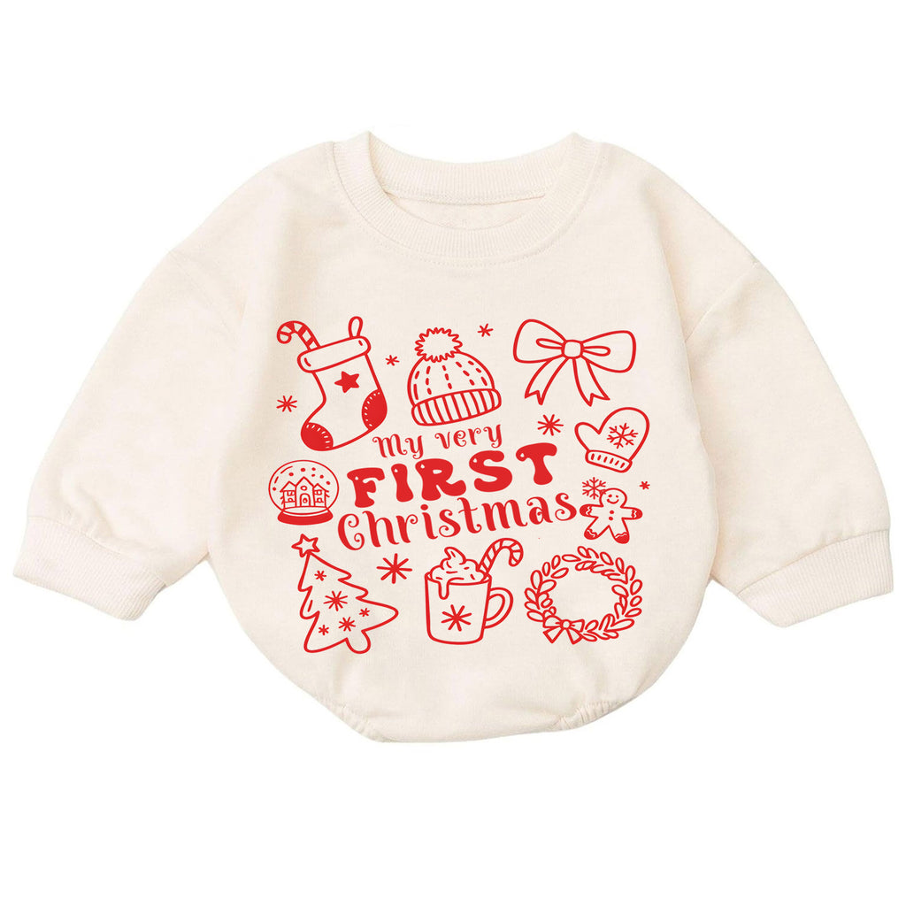 My Very First Christmas Baby Romper, Minimal Red Holiday Icon Romper, Baby First Xmas Keepsake Outfit, Christmas Gift — product view 7