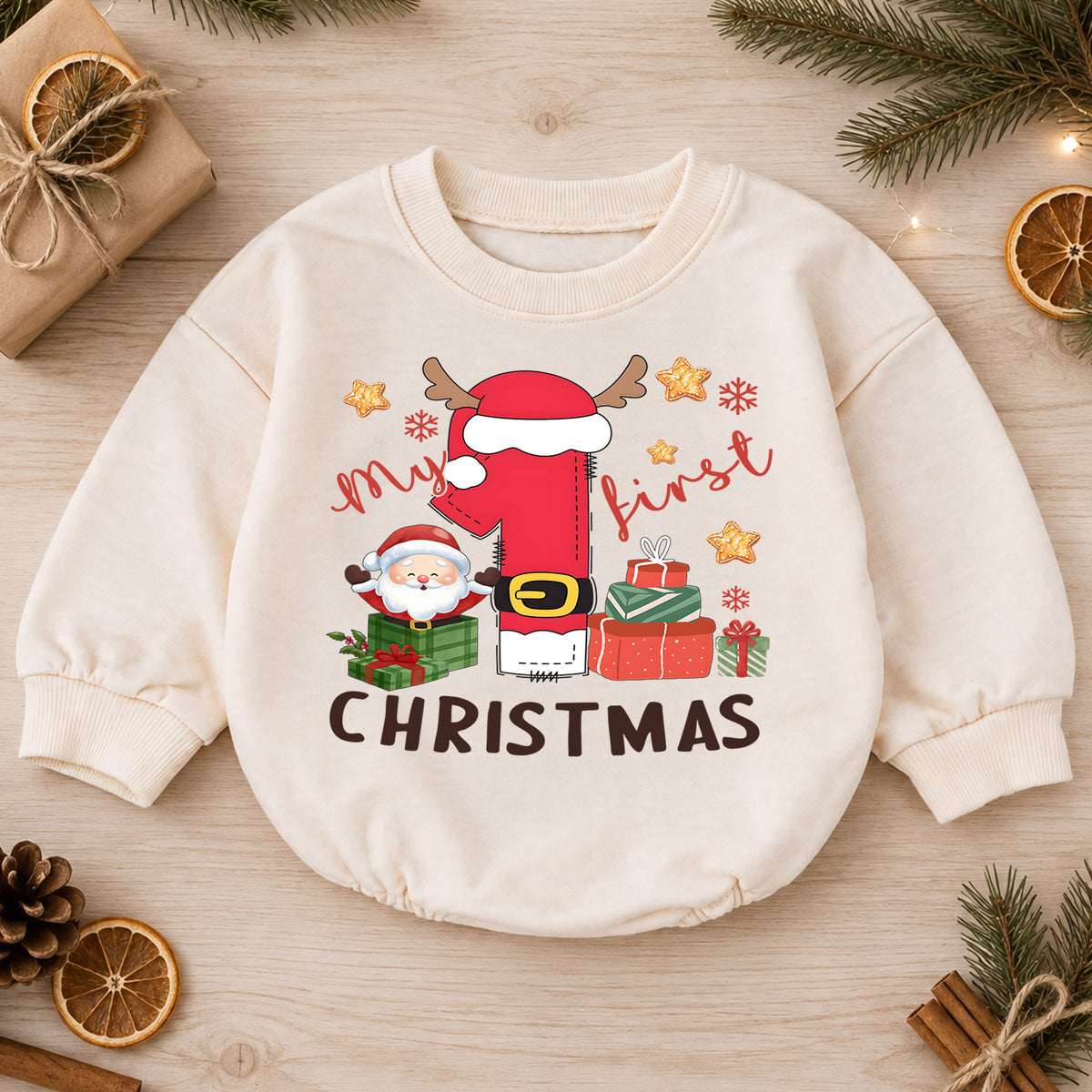 Baby First Christmas Romper, Santa Number One Holiday Outfit, Cute Christmas Romper, Toddler 1st Christmas Holiday Gift — product view 1