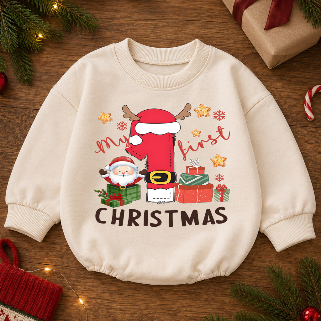Baby First Christmas Romper, Santa Number One Holiday Outfit, Cute Christmas Romper, Toddler 1st Christmas Holiday Gift — product view 2