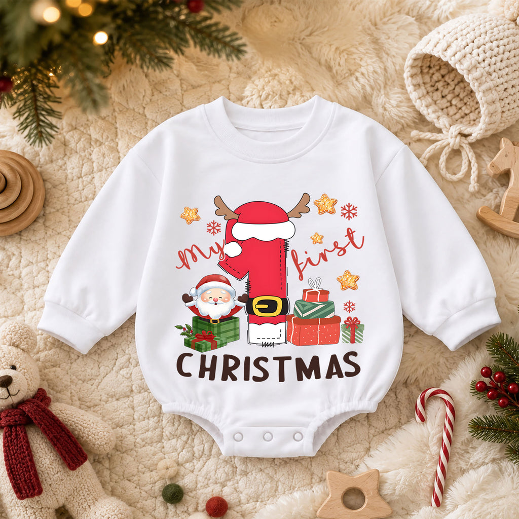 Baby First Christmas Romper, Santa Number One Holiday Outfit, Cute Christmas Romper, Toddler 1st Christmas Holiday Gift — product view 3