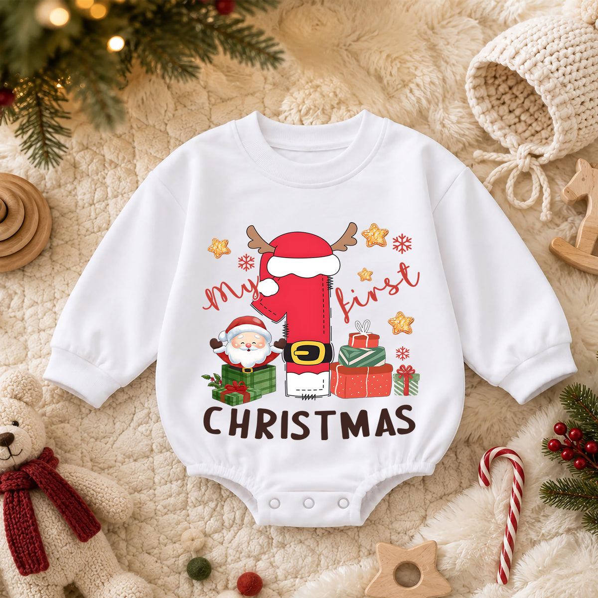 Baby First Christmas Romper, Santa Number One Holiday Outfit, Cute Christmas Romper, Toddler 1st Christmas Holiday Gift — product view 3