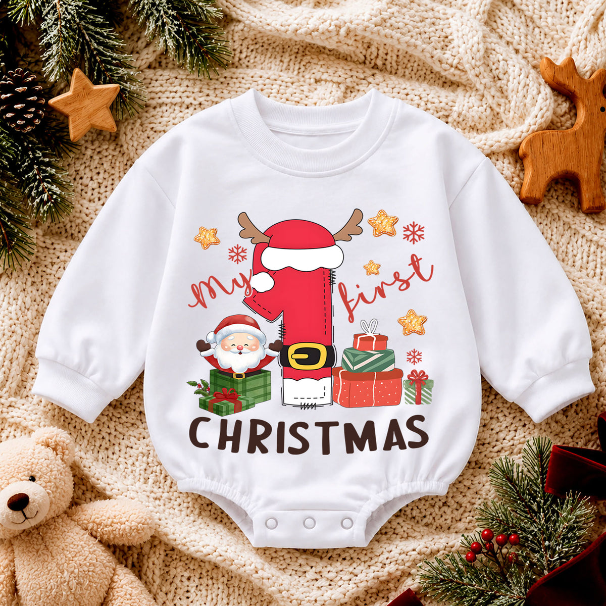 Baby First Christmas Romper, Santa Number One Holiday Outfit, Cute Christmas Romper, Toddler 1st Christmas Holiday Gift — product view 4