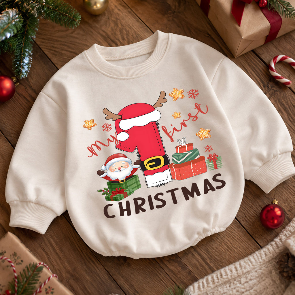 Baby First Christmas Romper, Santa Number One Holiday Outfit, Cute Christmas Romper, Toddler 1st Christmas Holiday Gift — product view 5