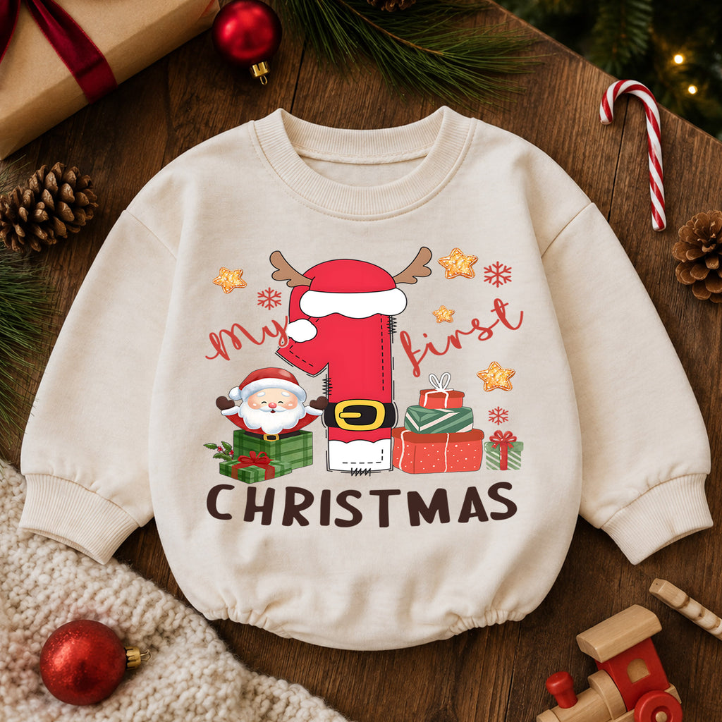 Baby First Christmas Romper, Santa Number One Holiday Outfit, Cute Christmas Romper, Toddler 1st Christmas Holiday Gift — product view 6