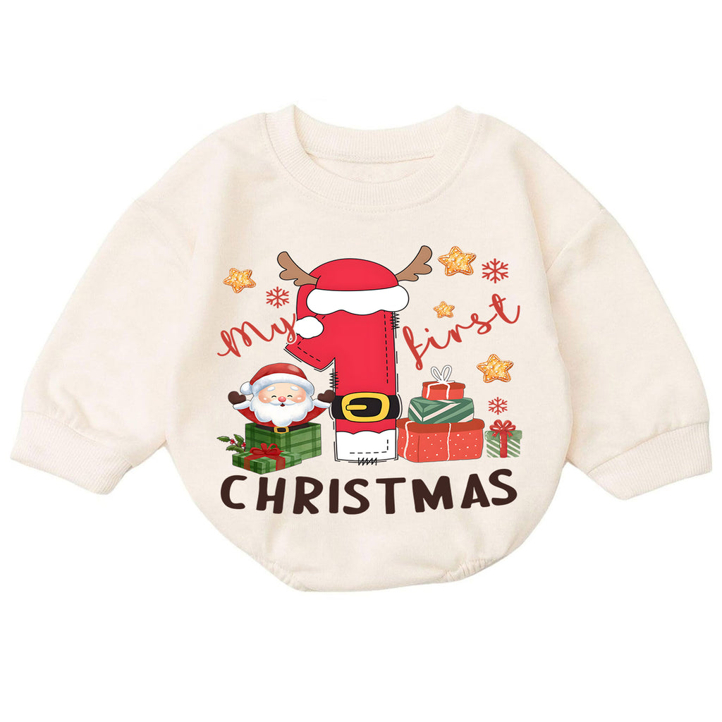 Baby First Christmas Romper, Santa Number One Holiday Outfit, Cute Christmas Romper, Toddler 1st Christmas Holiday Gift — product view 7