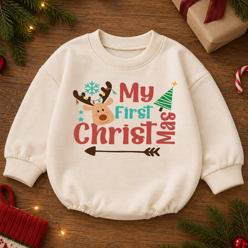 My 1st Christmas Reindeer Baby Romper, Watercolor Deer First Christmas & 1st Birthday Outfit, Baby Xmas Keepsake, Toddler Holiday Gift — product view 2