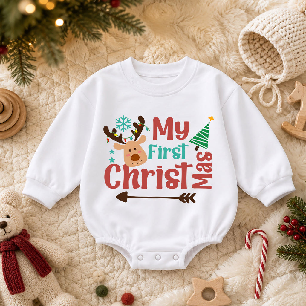 My 1st Christmas Reindeer Baby Romper, Watercolor Deer First Christmas & 1st Birthday Outfit, Baby Xmas Keepsake, Toddler Holiday Gift — product view 3