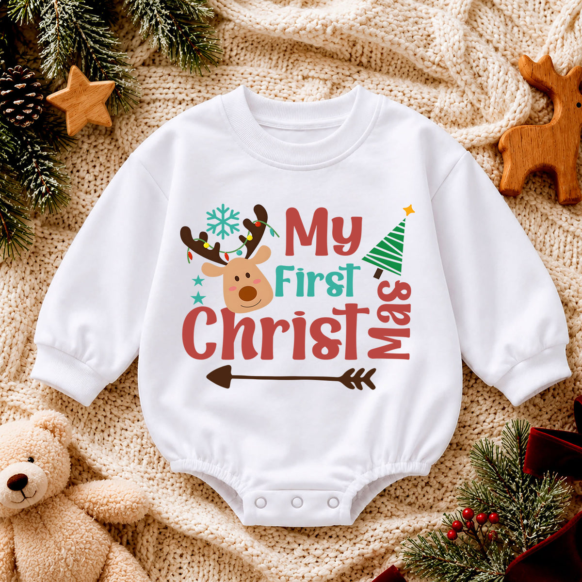 My 1st Christmas Reindeer Baby Romper, Watercolor Deer First Christmas & 1st Birthday Outfit, Baby Xmas Keepsake, Toddler Holiday Gift — product view 4
