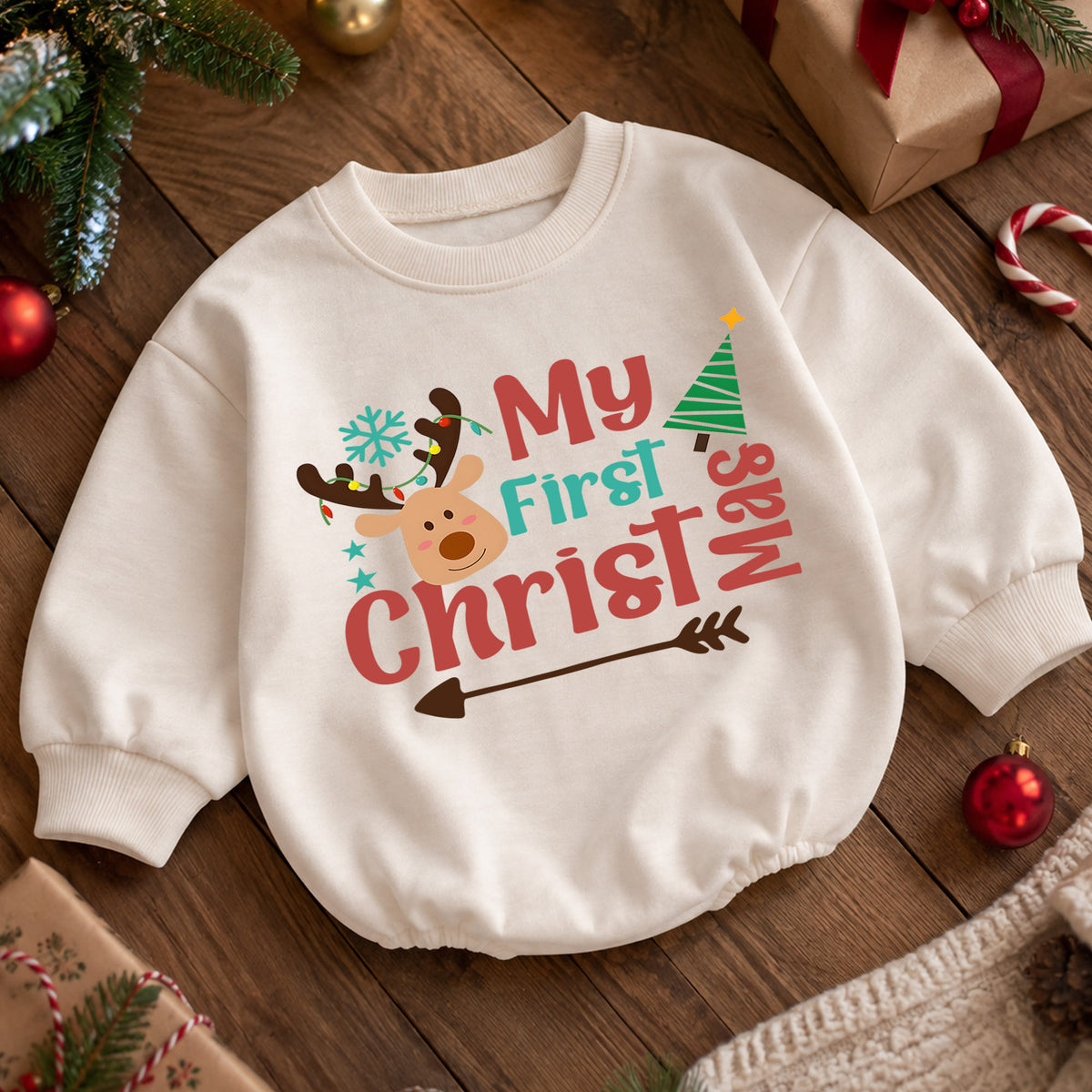 My 1st Christmas Reindeer Baby Romper, Watercolor Deer First Christmas & 1st Birthday Outfit, Baby Xmas Keepsake, Toddler Holiday Gift — product view 5